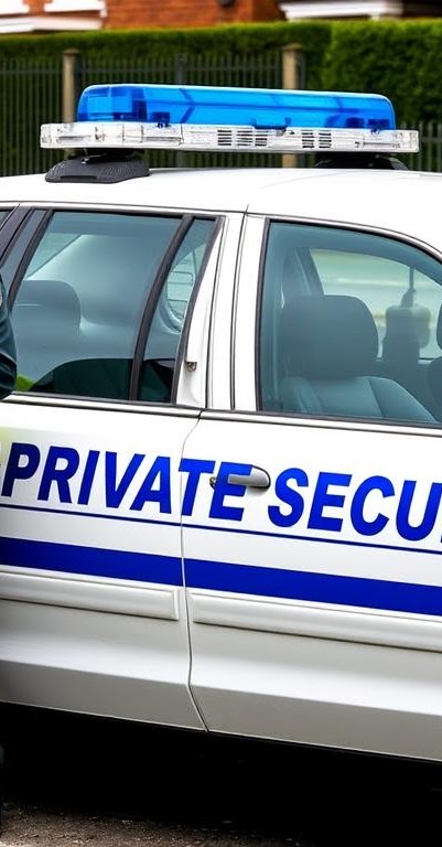Security patrol vehicle parked at a commercial property at night